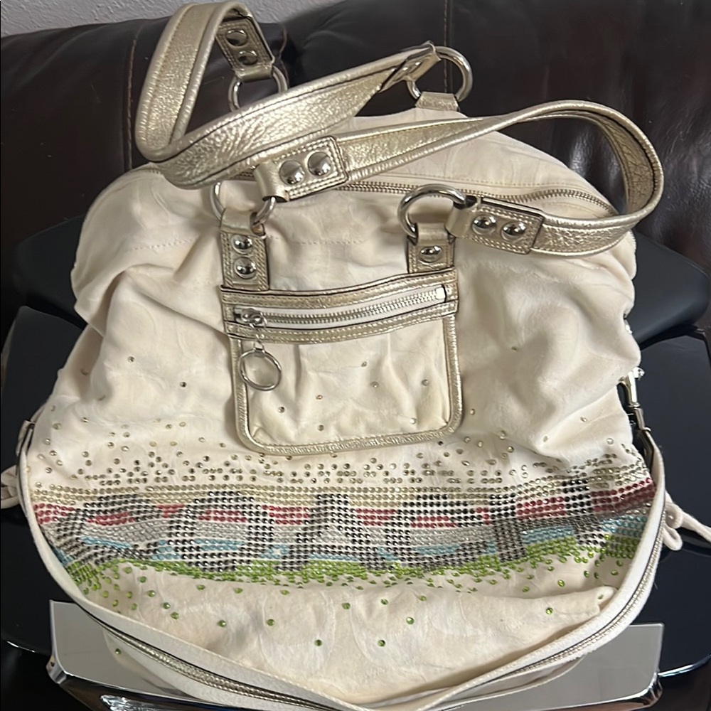 Coach Cream and Gold Shoulder Bag with Studded Embellishments